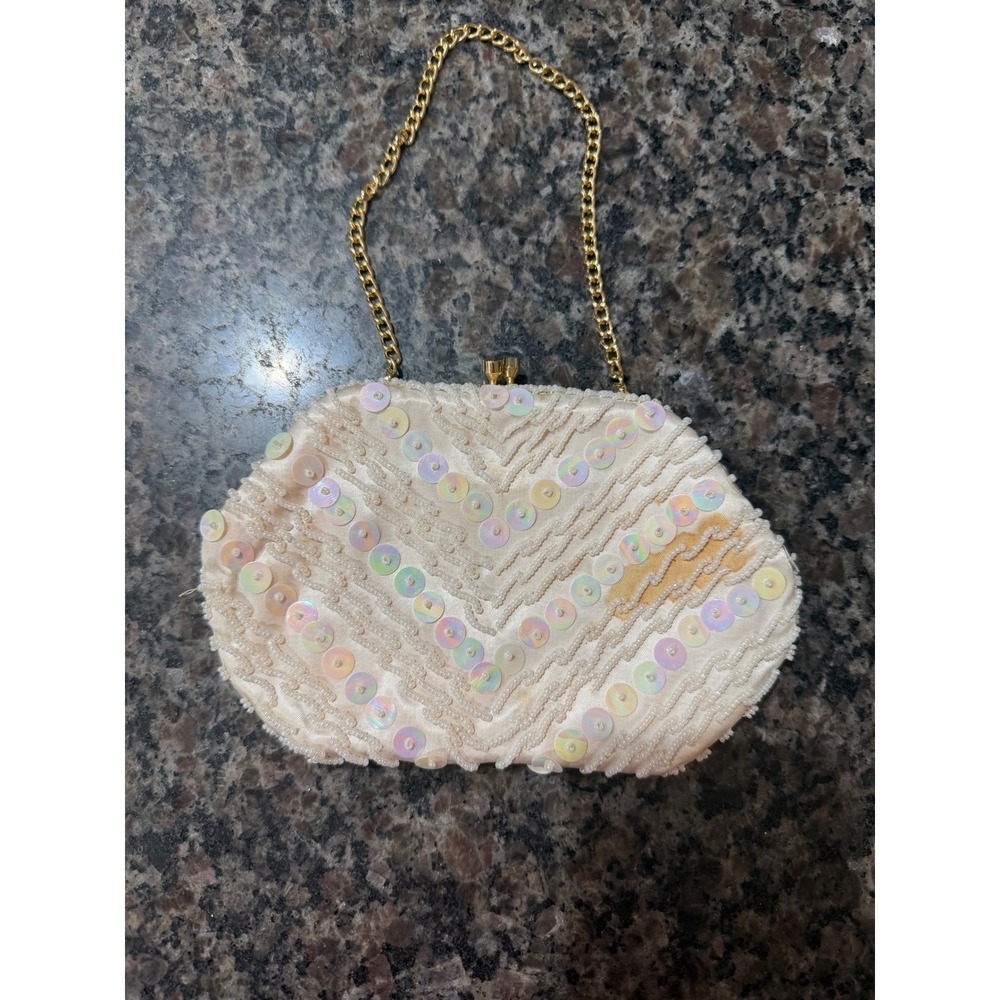 Vintage Handmade Hong Kong Beaded Sequin Evening Bag Cream Gold Chain Clutch